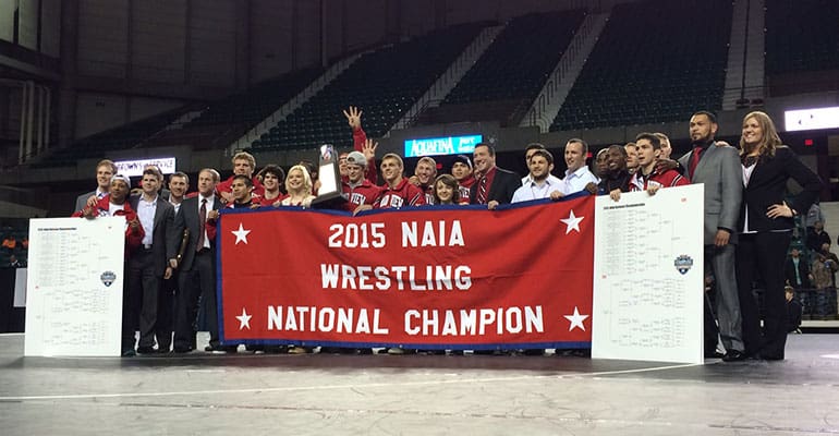 ST150: Grand View’s Nick Mitchell and champions Brock Gutches of Southern Oregon and Joey Cozart of Lindsey Wilson